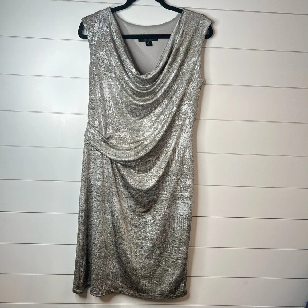 Scarlett Shimmery Silver Cinched‎ Waist Drape Neck Fully Lined Dress. Size 12.